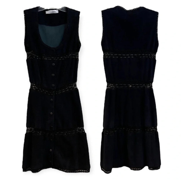 Magda Butrym Oakland Blue Suede Crochet Embroidered Lace Designer Mini Dress 34 - Picture 4 of 14
